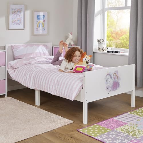 Liberty House Toys Kids Single White Bed, Princess and Unicorn | Wooden, H80 x W95 x D199 cm