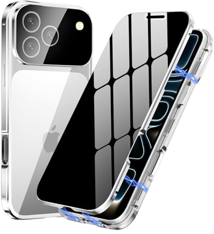 MIMGOAL Anti Spy Hülle für iPhone 17 Pro Max 360 Grad Magnetische Handyhülle mit Sichtschutz Blickschutz [Ganzkörper Schutzhülle mit kameraschutz] Gehärtetes Glas Privacy Anti-peep Case, Silber