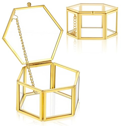Abeillo Vintage Glas Schmuckschatulle,Golden Transparent Ringbox,Geometrisches Schmuckschatulle,Kreativ Sechseckige Schmuck Organizer,Ringbox Hochzeit für Schmuck Ringe Armbänder Blumen