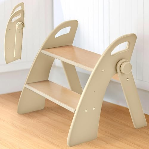 Tritthocker Kinder 2 Stufen aus Holz, Tritthocker mit Antirutschmatte und Griffen, Faltbarer Trittschemel für Baby, Trittleiter für Bad, Kleinkinderzimmer, Küche, Holzfarbe