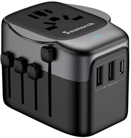SAUNORCH Worldwide Travel Adapter, Universal Travel Plug Adapter with 2 USB-A & USB-C for USA, UK, EU, AU (Thailand & 200+ Countries) - All-in-One Holiday Essentials
