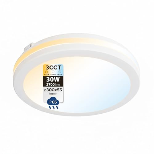 Horoz Electric Badezimmer LED Deckenleuchte Flach 30W Ø300mm 2700lm 3CCT 3000K/4000K/6400K IP65 Bad Deckenlampe Rund Wasserdicht - LED Deckenlampe Weiß für Küche, Wohnzimmer, Flur & Balkon