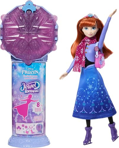 Mattel Disney Frozen Anna Eislaufmode-Puppe, Überraschung, Spin & Reveal | 8 Überraschungen, Schneeflocken-Schmuckdose, Kinderring und 8 Spielfiguren, Rock, Schal und Schlittschuhe, JMC94