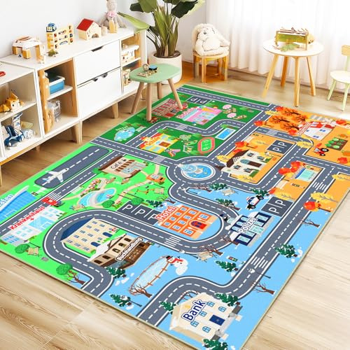 Kinder Autoteppich für Spielzimmer 200 x 230cm, Waschbare Spielmatte | Straßenteppich Kinder, Rutschfester Kurzflor Teppich für Kinderzimmer, Spielteppich für Jungen und Mädchen