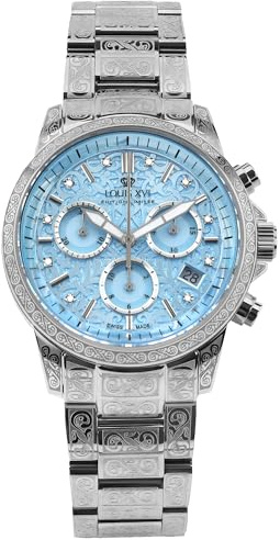 LOUIS XVI Palais Royale Femme 6023 - Ø 38 mm - Damen Uhr - Wasserdicht - Armband Silber - Zifferblatt Baby Blue mit Diamanten - Schweizer Quarzwerk
