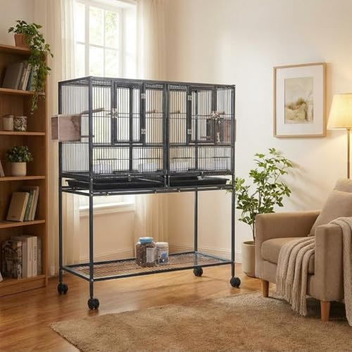 GarveeHome Vogelvoliere XXL, Großer Vogelkäfig mit Trennwand, Doppelkäfig für Wellensittiche & Kanarienvögel, Papageienkäfig auf Rollen, Zuchtkäfig Indoor aus Metall, 94 x 45 x 106 cm