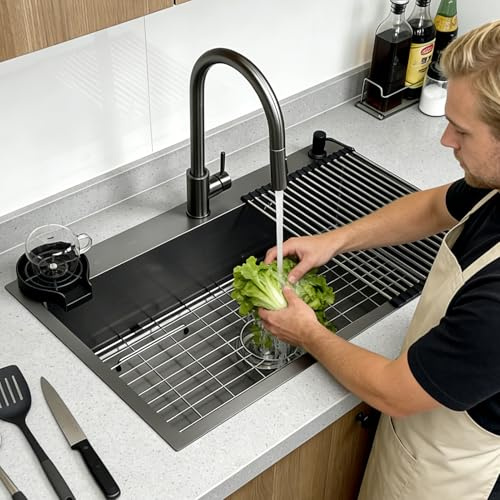 Lavello Cucina 85x50 cm in Acciaio Inox Nero Antracite 1 Vasca con Rubinetto Estraibile,Lavabo con Scolapiatti,Dispenser Sapone,Griglia e Kit di Scarico Completo,Installazione da Appoggio o Sottopiano