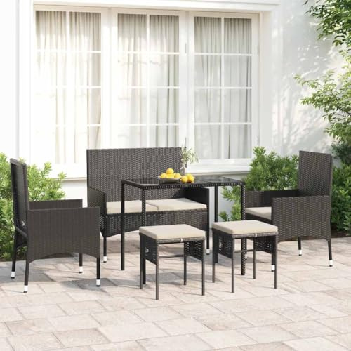QUAHEAS 6-TLG. Garten-Lounge-Set Schwarz, Poly Rattan Outdoor Möbel mit Kissen, Gartentisch, Stühlen und Bank für Terrasse, Balkon