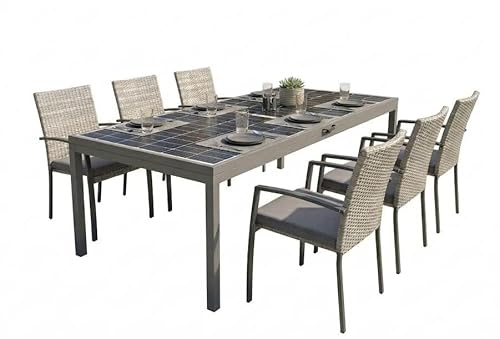 Jet-Line Solar Gartentisch 450 W Modul mit 6 Stühlen & 800 W Wechselrichter, 2,18 m x 1,10 m, Schwarz, Aluminium