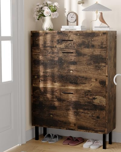 GarveeMore 80 x25x 110 Hoch cm Schuhschrank, 3 Schubladen, 3-Fach Verstellbare Einlegeböden, Aus Holz Vintage, Schmaler Shoe Cabinet Schuhkipper Platzsparender für Flur, Braun