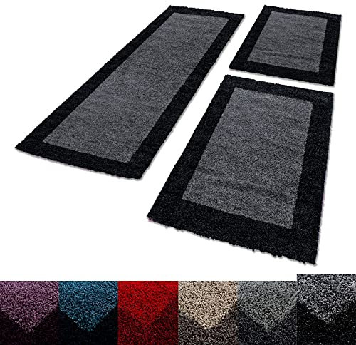 Unbekannt Shaggy Hochflor Teppich Carpet 3TLG Bettumrandung Läufer Set Schlafzimmer Flur, Farbe:Anthrazit, Bettset:2x60x110+1x100x200