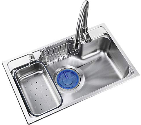 HomeLava Fregadero Cocina un Seno,Fregadero de Cocina de 304 Acero Inoxidable Montaje Sobre encimera, Fregadero Grande de con Desagüe Sifón Giratorio y Antiolor Puede (78 x 48 x 21cm)