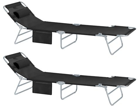 SoBuy 2-er Set Sonnenliege klappbar Gartenliege Liegestuhl klappbar mit Kopfkissen & Seitentasche Strandliege Balkon Relaxliege 155x56x81cm für Gartenmöbel Terrasse Camping Schwarz OGS35-SCHx2