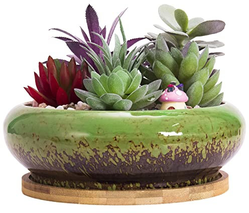 ARTKETTY Vaso per Piante Grasse, Vaso Bonsai Grande con Vassoio di Drenaggio in Ceramica per Piante Cactus da Interno Vaso Fioriera Rotondo