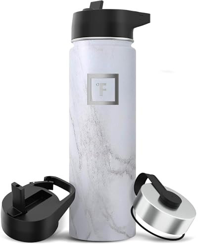 IRON °FLASK Bouteille d'eau de sport - 22 oz, 3 couvercles (couvercle en paille), acier inoxydable isolé sous vide, chaud froid, moderne à double paroi, tasse thermo simple (marbre)