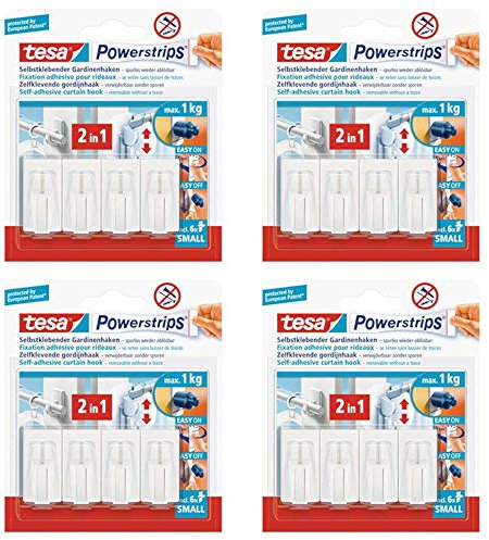 tesa Powerstrips Vario-Gardinenhaken / Selbstklebende Gardinenhaken ablösbar und mehrfach verwendbar (4er Pack Weiß)