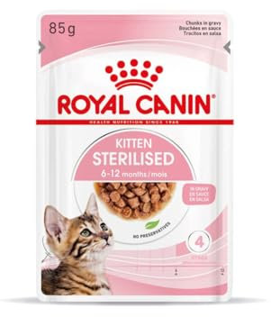 Royal Canin Kitten Sterilised Gravy | 12 x 85 g | Nassfutter für kastrierte Kätzchen im Wachstum | Vom 6. bis zum 12. Monat | Weiche Textur für die Milchzähne | Im Frischebeutel