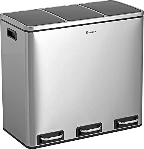 Homra Triple Kitchen Bin Large 3x18l – Triplet Rubbish Bins 3x18l - 3 Compartment Pedal System – Trio Section Waste&Recycling Separation – Soft Close – Inner Buckets with Handles - Stainless Steel