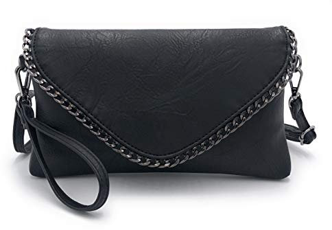 ELIOX - Pochette Donna Elegante con Catena e Tracolla in Morbida Pelle Sintetica - Borsa Clutch Piccola da Sera Borsetta Ragazza Borse Eleganti Cerimonia Matrimonio (Nero)