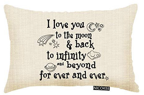 Nicokee Kissenbezug mit Zitat I Love You To The Moon And Back, Stern, Mond, Erde, Wolke, Raumfahrt, dekorativer Kissenbezug, Heimdekoration, 50,8 x 30,5 cm