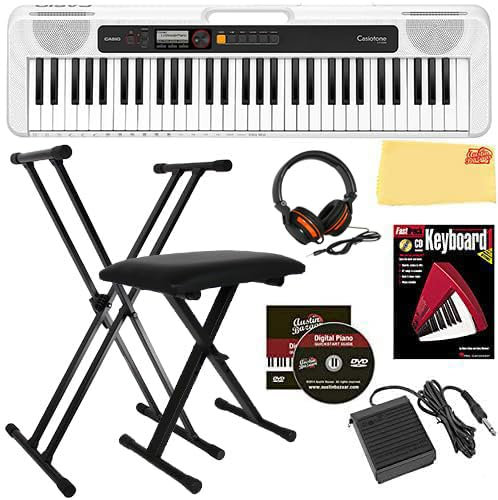 Casio Casiotone CT-S200 61-Key Portable Digital Keyboard Bundle with Adjustable Stand, Bench, Sustain Pedal, Instructional Book, Austin Bazaar Instructional DVD, and Polishing Cloth - White