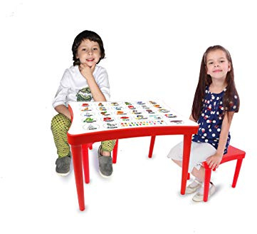JAMARA 460737 - Kindersitzgruppe Easy Learning 3tlg. - aus robustem Kunststoff, Indoor-Outdoor geeignet, abgerundeten Kanten, platzsparend zerlegbar, Tischplatte mit Lernbildern, rot