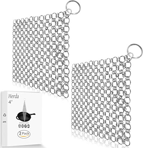 Herda Lot de 2 brosses à récurer en fonte pour poêle à frire pré-enduite, maillons de chaîne en acier inoxydable pour nettoyer facilement les fours hollandais, les grills et les poêles à griller