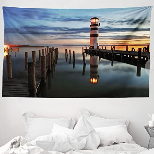 ABAKUHAUS Bunt Wandteppich und Tagesdecke, Leuchtturm Ruhe Dämmerung aus Weiches Mikrofaser Stoff Waschbar ohne Verblassen Digitaldruck, 230 x 140 cm, Dunkelblau Orange