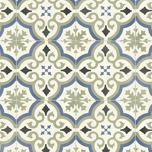Sol Vinyle First - Effet Carreaux de Ciment arabesques - Vert et Bleu - Rouleau de 2m x 4m
