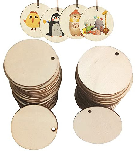 Runde Holzscheiben mit Loch, 50 Stück Holz Scheiben Holzanhänger Holz Streudeko Natürliche Holzscheiben zum Basteln für Rustikale Deko Hochzeit DIY Handwerk Kalender Countdown DIY(4cm)