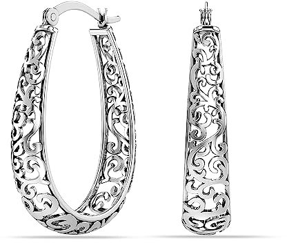 LeCalla 925 Sterling Silber Hoop Ohrringe | Lightweight Oval Medium Antik Click-Top Filigree Hoops Ohrring für Frauen - 27MM
