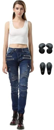 HULG Pantaloni da Moto da Donna,Pantaloni da Moto Biker Jeans Protezione Motorcycle Pantaloni Rinforzato Slim Fit Armature Pants, 4 X Pad di Protezione (Blue,XXS)