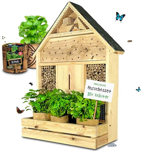 GARTENETAGE Insektenhotel zum Aufhängen mit Schieferdach und Pflanzenbalkon Kräuterparadies - inkl. Anzuchtset/Naturbelassenes, massives Insektenhaus, Bienenhotel, Marienkäferhaus