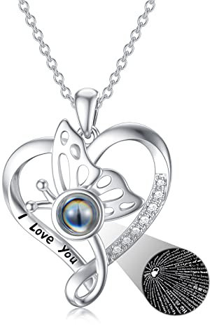 Dorunmo Ich liebe dich Halskette 100 Sprachen 925 Silber Schmetterling Herz Anhänger Halskette Projektion Halskette Damen Schmuck Geschenke für Frau Mama Sie Geburtstag Muttertags