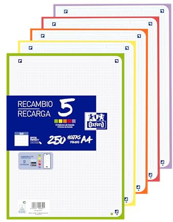 Oxford A4, kariert, perforiert, Nachfüllpackung, 250 Blatt, kariert 5 x 5, 5 lebendige Farben