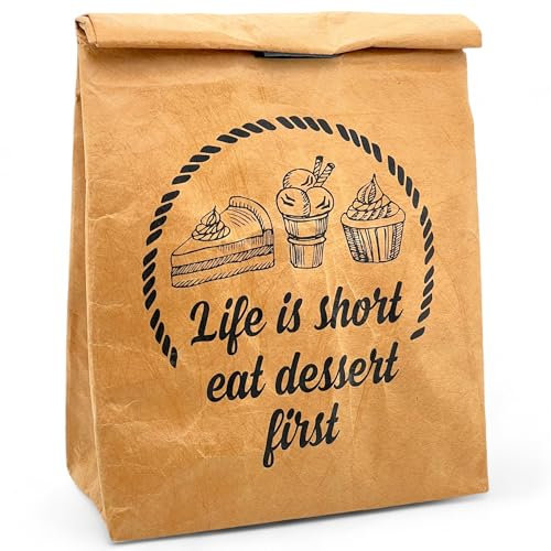 MIJOMA Lunchbag Lunchtüte Frühstückstüte Pausenbrot-Tasche braun, isoliert kalt oder warm, Kühltasche mit Klettverschluss, thermische Tasche wiederverwendbar wasserabweisend (Eat Dessert First)