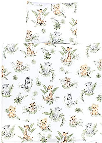 TupTam Unisex Baby Wiegenset 4-teilig Bettwäsche-Set: Bettdecke und Kopfkissen mit Bezug, Farbe: Safari/Löwe/Braun/Blätter/Grün, Größe: 80x80 cm