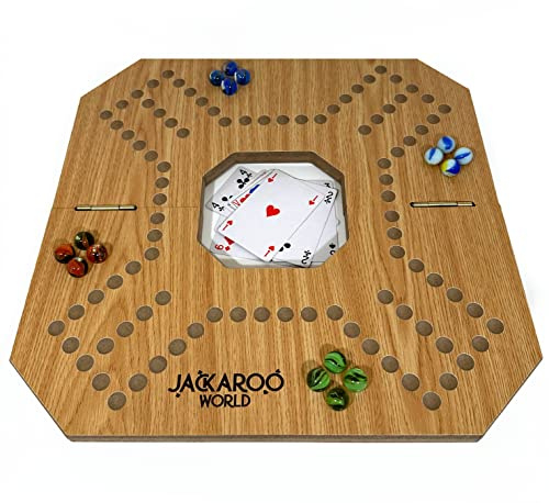 Jackaroo Brettspiel - 2-4 Spieler Karten und Murmeln Spiel - Holz Faltbares Brett mit Mittelöffnung (Eiche)