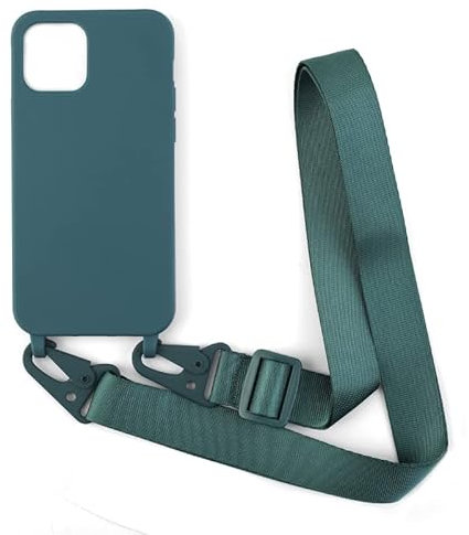 PuYu Zhe Crossbody Case for iPhone 13 - Silicone Soft Matte, TPU Shell, Adjustable Neck Cord Strap, Shockproof, Lanyard Case - Dark Green
