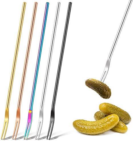 5 Stück Gurkengabeln, 21,6 cm langer Griff, Olivengabeln, 304 Edelstahl-Cocktailgabeln, Gurkengreifer, Gurkenpflücker, 2 Zinken, Dessertgabel, Obstgabel, mehrere Farben