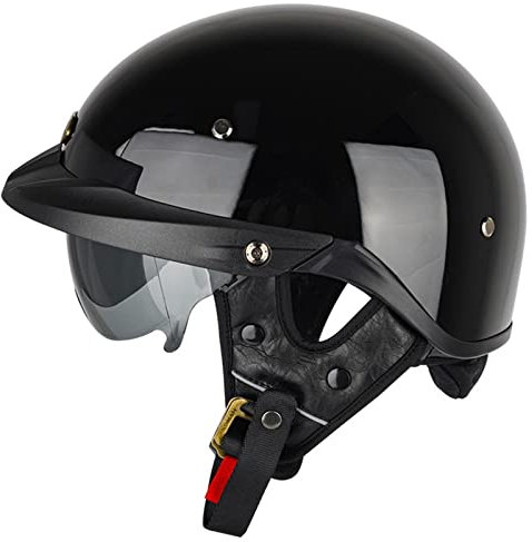 DXDRT Motorrad -Vintage -Halbhelm, Retro Deutsche Halbgesichtshelm Mit Sonnenvisier, Open Face Motorbike Helme Schädeldeckel Moped Street Street Helm Für Erwachsene Männer Frauen,Gloss Black,3XL