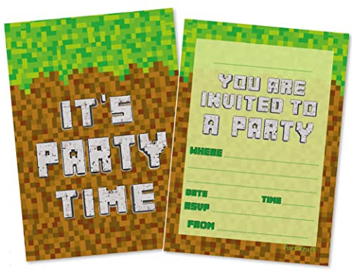 (Pack of 20) Block Building Gamer Inspired Birthday Party Invitations with Green Envelopes