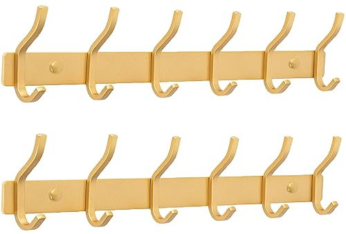 YUNISS Kleiderhaken Hakenleiste, Garderobenhaken Edelstahl mit 6 Haken, Wandhaken Garderobenleiste for Schlafzimmer, Badezimmer (Gold, 6 Haken, 2 Stück)