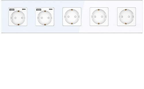 PULSAR Steckdose Unterputz mit USB-C, USB-A 5-Fach Weiß Glas - Schuko-Steckdose mit 20W Schnellladegerät - Wandsteckdose 16A mit Kindersicherung 370x86mm
