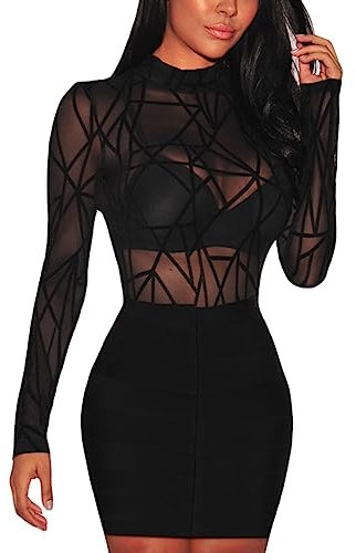 SEBOWEL Rhinestone Tops Long Sleeve Mesh Tops for Women Sexy Sheer Shirts Clubwear Black S