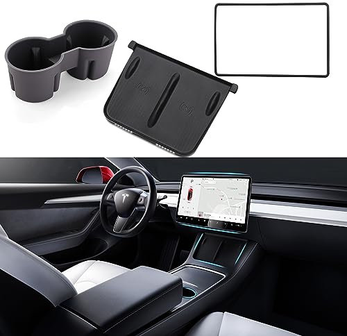 TOPABYTE 3PCS Center Console Accessories for Tesla Model Y 2021-2024 and Model 3 2021-2023 Cup Holder Insert, Screen Edge Protector Frame, Silicone Wireless Charger Mat, Black