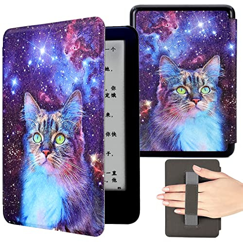 KEROM Case for 6.8 Kindle Paperwhite (11th Generation, 2021) and Kindle Paperwhite Signature Edition, PU Leather Cute Cover Protective Case with Hand Strap, Card Slot, and Auto Sleep/Wake - Space Cat