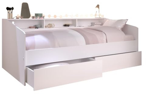 Calicosy Kopfteil mit Nischen und Nachttisch, 1 integrierte Schublade, für Betten mit 140 und 160 cm, Dekor, Weiß und Eichenholz, Spanplatten, für Schlafzimmer, L 255 x B 36 x H 103 cm