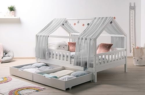 TiCAA Kinderbett 90x200 mit Zwei Schubladen mit Rausfallschutz Tüll und Rolllattenrost - Hausbett 90x200 Dachgestell für Jungen & Mädchen - Kinder Haus Bett aus Kiefernholz für Kinderzimmer Weiß