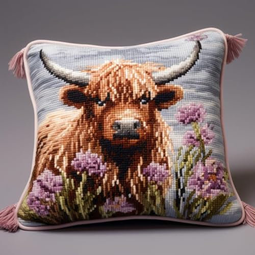 Taxpy Diy Knüpfkissen Set Highland Rinder Und Blumen Diy Kissenbezug Kit Für Kinder Erwachsene Tier Kissenbezug Bastelsets Mit Bedruckter Leinwand 17X17In B